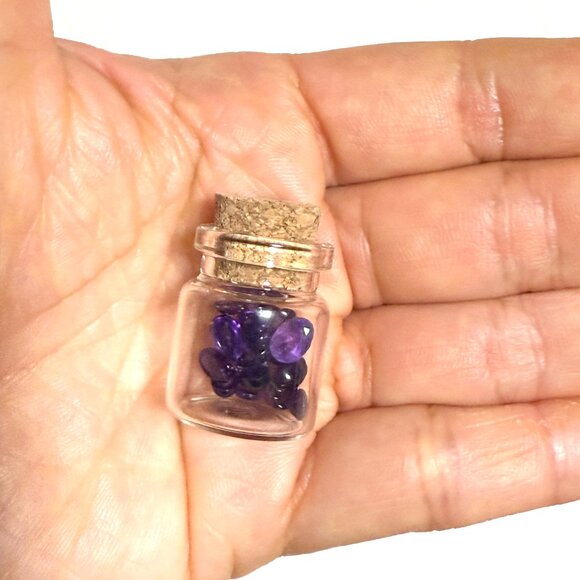 2/$20, Small Glass Bottle w/ Tiny Genuine Purple Amethyst Cabochons, Birthstone - Picture 6 of 6